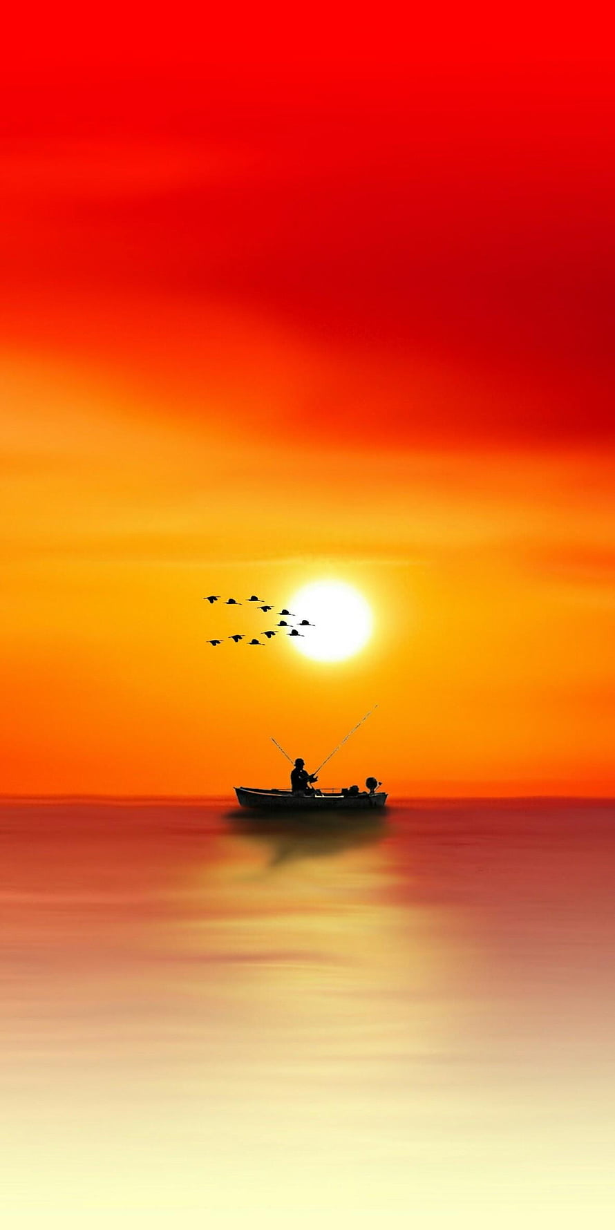 Silhouette of a Fisherman in a Boat on Calm Ocean During Vibrant Red and Orange Sunset with Flying Birds, Oppo Realme 2 & Realme 2 pro Stock in, #realme 2 pro HD phone wallpaper