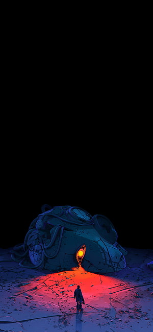 Lone astronaut standing before a crashed futuristic spacecraft with glowing orange light on a dark alien planet surface HD phone wallpaper
