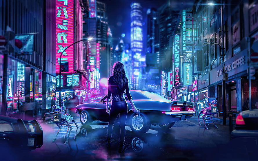Cyberpunk Tokyo Street Scene With Woman, Classic Car, and Neon Signs, 1440x900 Cyber Japan Neon Lights Girl With Gun 1440x900 Resolution , Backgrounds, and, cyberpunk japan HD wallpaper