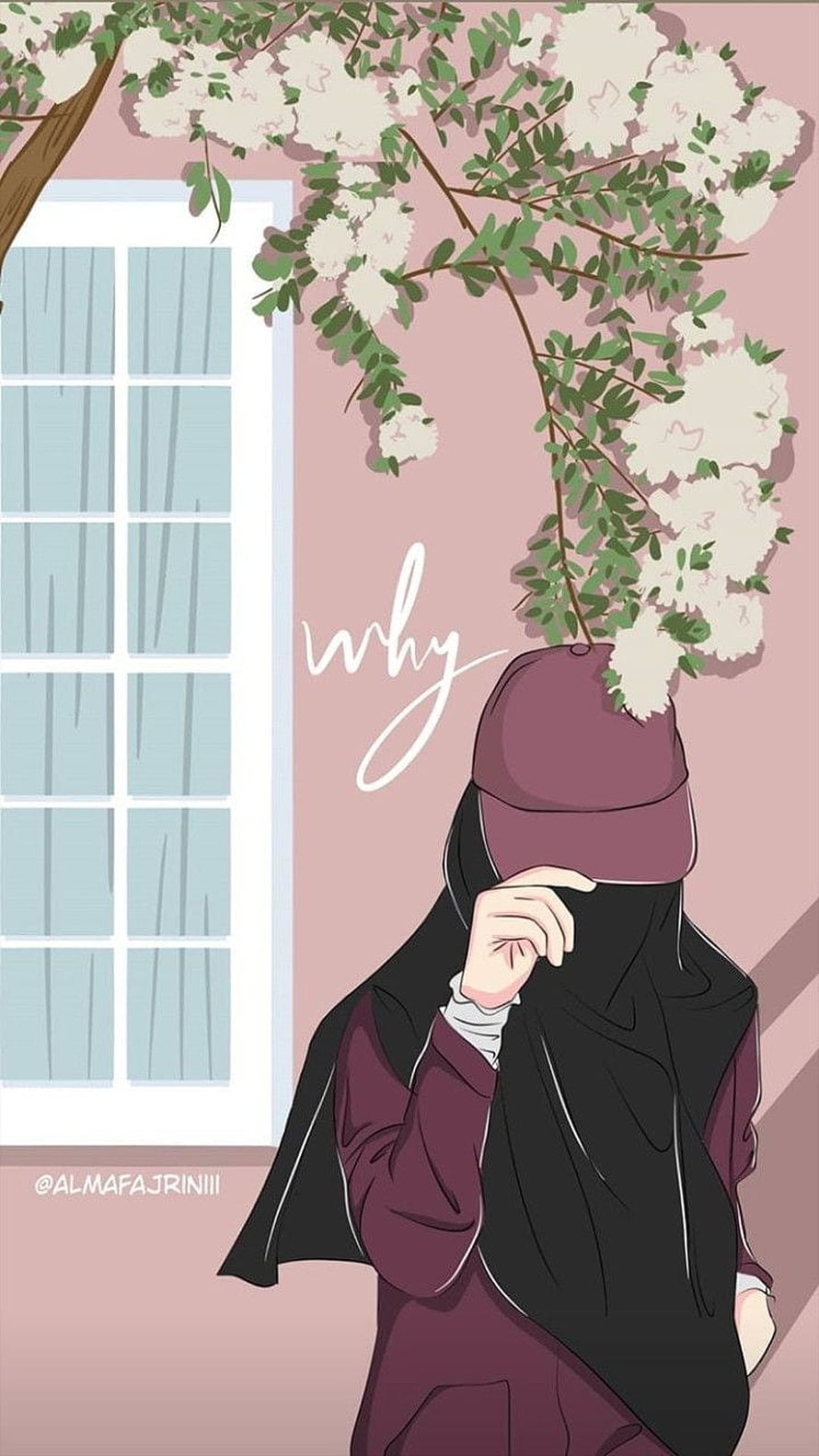 Hijabi Girl in Maroon Cap Under Blossoming Tree Digital Illustration HD phone wallpaper