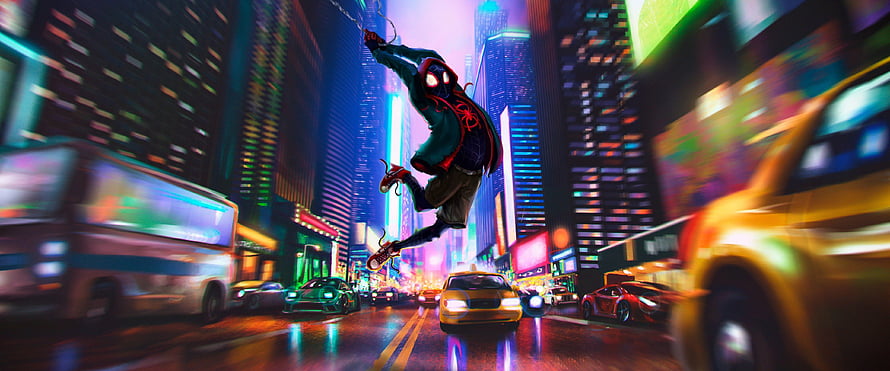 Miles Morales Spider-Man swinging through a neon-lit futuristic city street at night, Miles Morales Spider, spider man neon HD wallpaper