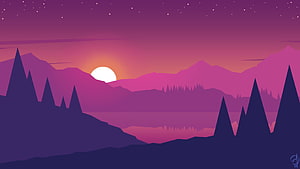 Purple Mountain Landscape With Sunset And Lake Reflection HD wallpaper