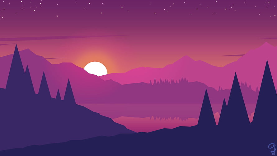 Purple Mountain Landscape With Sunset And Lake Reflection HD wallpaper