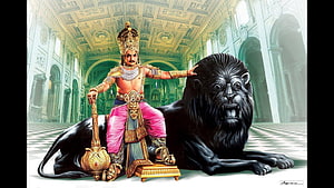 NTR Seated on Black Lion in Ornate Palace Hallway HD wallpaper