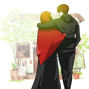 Anime Couple Hugging Outside House With Red Scarf And Green Hoodie HD phone wallpaper