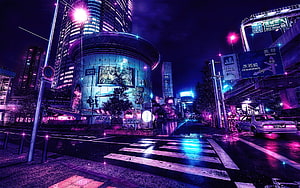 Tokyo Shibuya Night Street with Neon Lights and Wet Crosswalk HD wallpaper