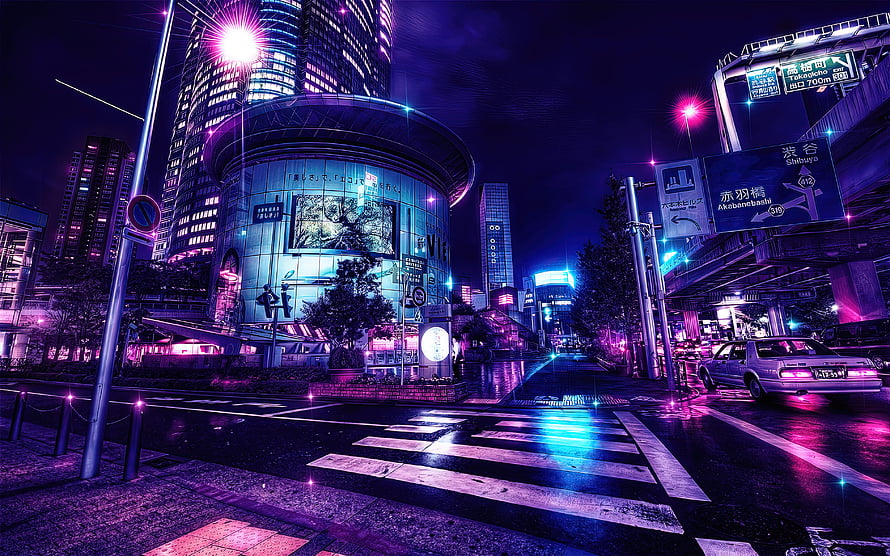 Tokyo Shibuya Night Street with Neon Lights and Wet Crosswalk HD wallpaper