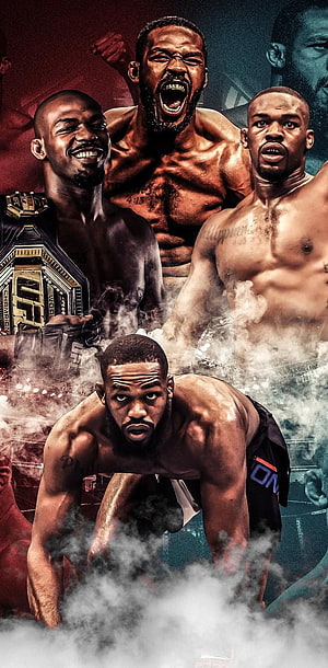 Jon Jones UFC Champion Collage with Championship Belt and Dramatic Smoke Effects HD phone wallpaper