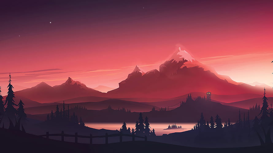 Serene Mountain Landscape at Sunset with Pine Trees and Lake HD wallpaper