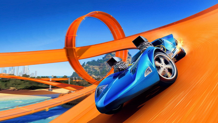 Hot Wheels Twin Mill Racer on Orange Track with Loop and City Skyline HD wallpaper