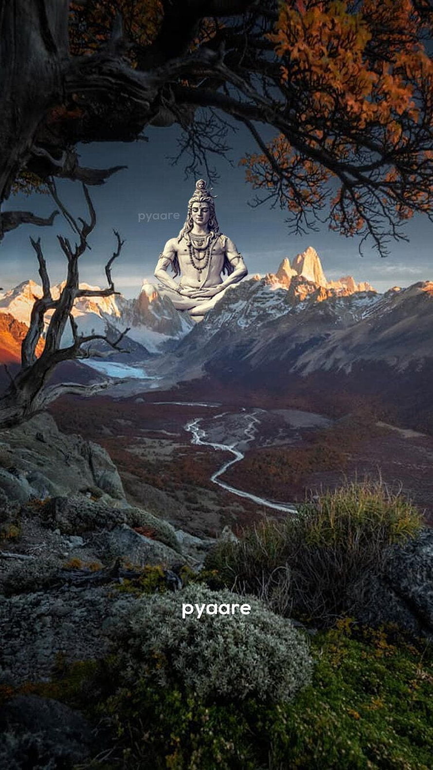 Mahadev Meditating in Serene Mountain Valley with Autumn Foliage and Snow-Capped Peaks HD phone wallpaper