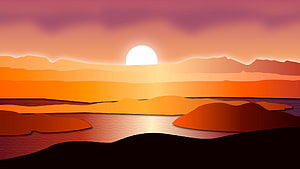 Minimalist Paper Cut Sunset Landscape With Layered Mountains And Ocean Reflection HD wallpaper