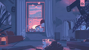 Girl Sitting On Window Sill Watching Sunset In Cozy Bedroom HD wallpaper