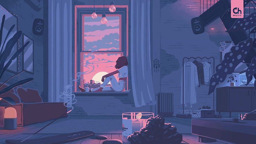 Girl Sitting On Window Sill Watching Sunset In Cozy Bedroom HD wallpaper