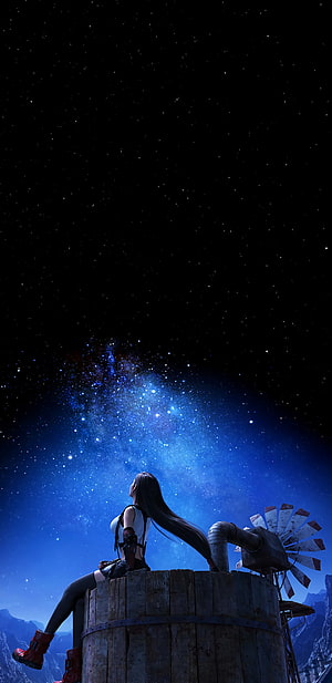 Tifa Lockhart from Final Fantasy VII Remake sitting on a wooden water tower under a starry night sky HD phone wallpaper
