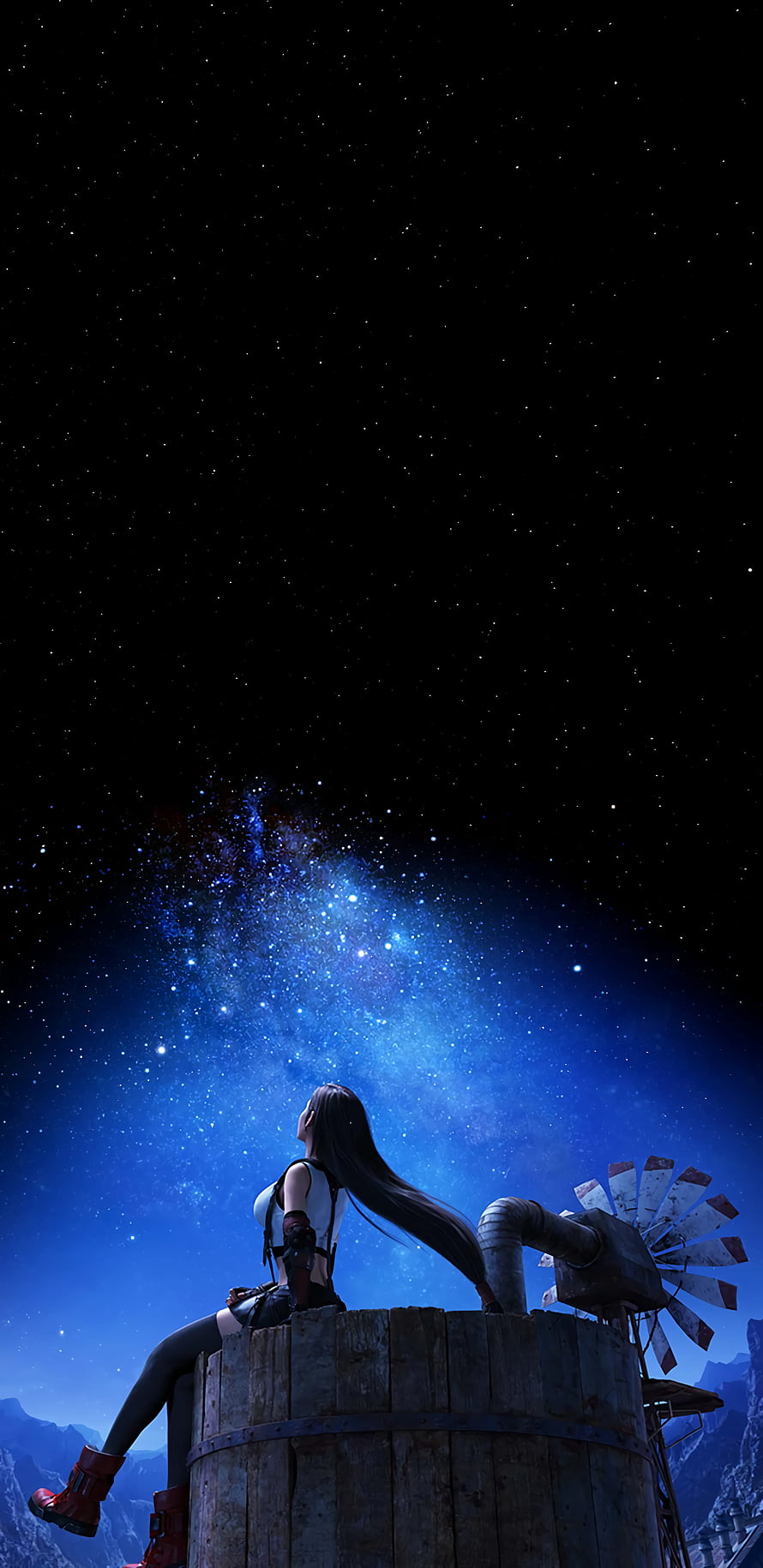 Tifa Lockhart from Final Fantasy VII Remake sitting on a wooden water tower under a starry night sky HD phone wallpaper