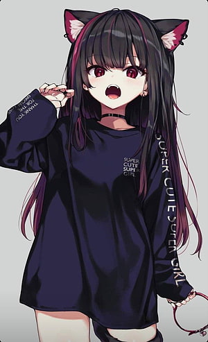 Anime Girl With Cat Ears And Long Black Hair Wearing Oversized Black Shirt HD phone wallpaper