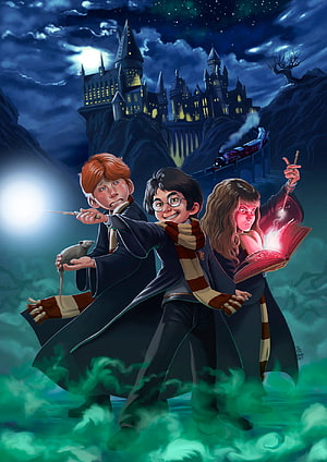 Harry Potter Ron Weasley and Hermione Granger casting spells at Hogwarts castle at night HD phone wallpaper