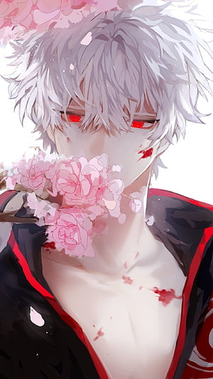Silver-Haired Anime Male Character with Red Eyes and Pink Flowers HD phone wallpaper