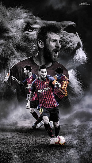 Lionel Messi FC Barcelona Dribble Artwork With Dramatic Lion Background HD phone wallpaper