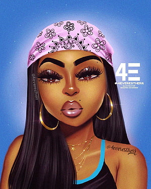 Digital Portrait of a Black Woman Wearing a Pink Floral Bandana and Gold Hoop Earrings, 4E Black Baddie Drawings, black girl baddie HD phone wallpaper