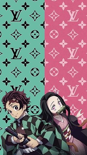 Tanjiro and Nezuko from Demon Slayer in a split-tone fashion pattern illustration HD phone wallpaper