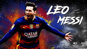 Lionel Messi Celebrating in Barcelona Home Kit with Vibrant Paint Splash Background HD wallpaper