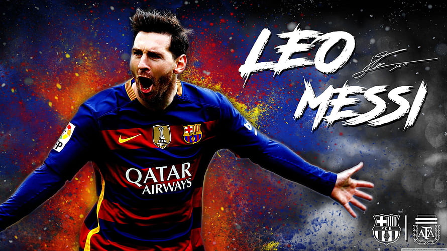 Lionel Messi Celebrating in Barcelona Home Kit with Vibrant Paint Splash Background HD wallpaper