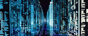 Futuristic Digital Data Corridor with Glowing Blue Circuit Patterns and Code Streams HD wallpaper