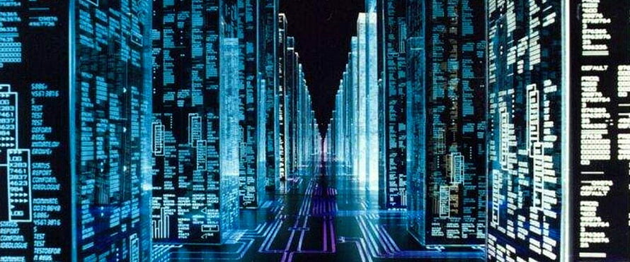Futuristic Digital Data Corridor with Glowing Blue Circuit Patterns and Code Streams HD wallpaper