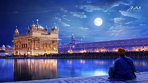 Golden Temple at Night with Full Moon and Devotee Sitting by Sarovar HD wallpaper