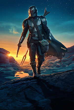 The Mandalorian and Grogu Walking Through a Desert Canyon at Sunset HD phone wallpaper
