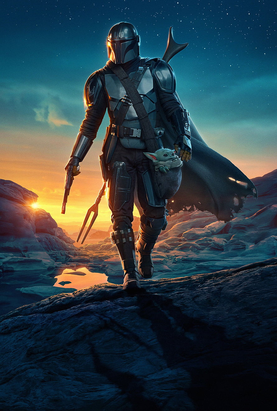 The Mandalorian and Grogu Walking Through a Desert Canyon at Sunset HD phone wallpaper