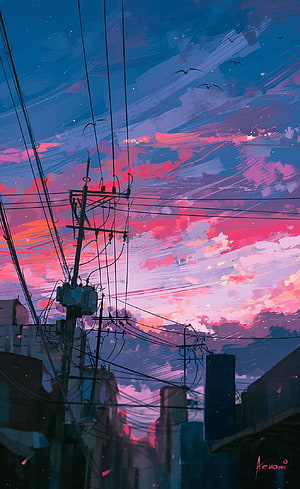 Lo-fi Anime Sunset Sky With Power Lines And Cityscape HD phone wallpaper