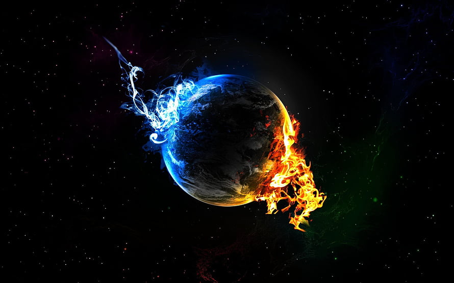 Abstract Planet Enveloped in Swirling Fire and Ice Elements in Deep Space HD wallpaper