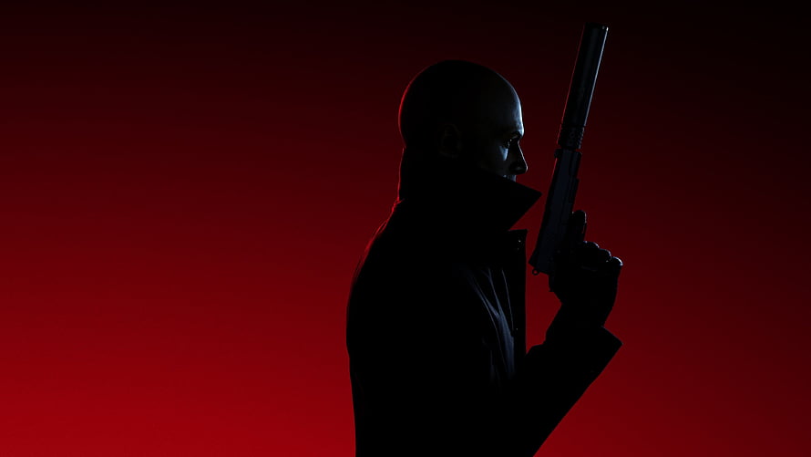 Hitman 3 Agent 47 Silhouette Holding Suppressed Pistol Against Deep Red Background, hitman 3 2021, #HITMAN 3 HD wallpaper