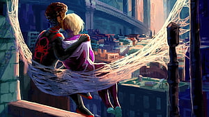 Miles Morales and Gwen Stacy Embrace in a Spider-Web Hammock Overlooking a Cityscape HD wallpaper