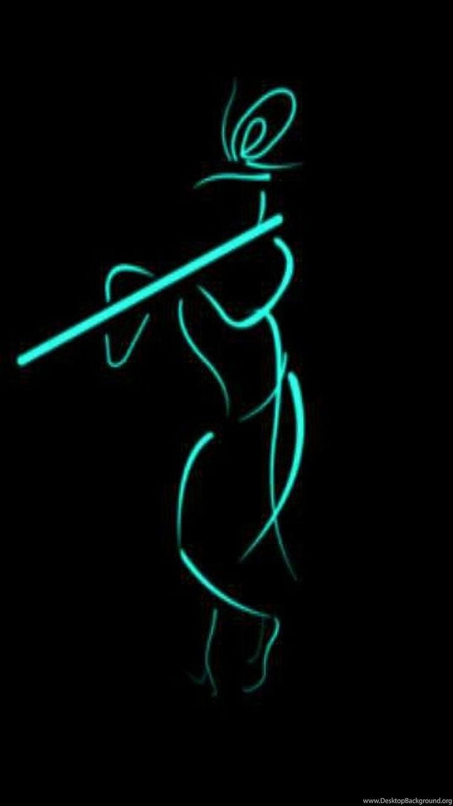 Minimalist Neon Line Art of Krishna Playing the Flute on Black Background HD phone wallpaper