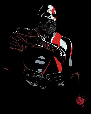 Kratos from God of War in a high-contrast minimalist vector illustration with red and white accents on a black background HD phone wallpaper