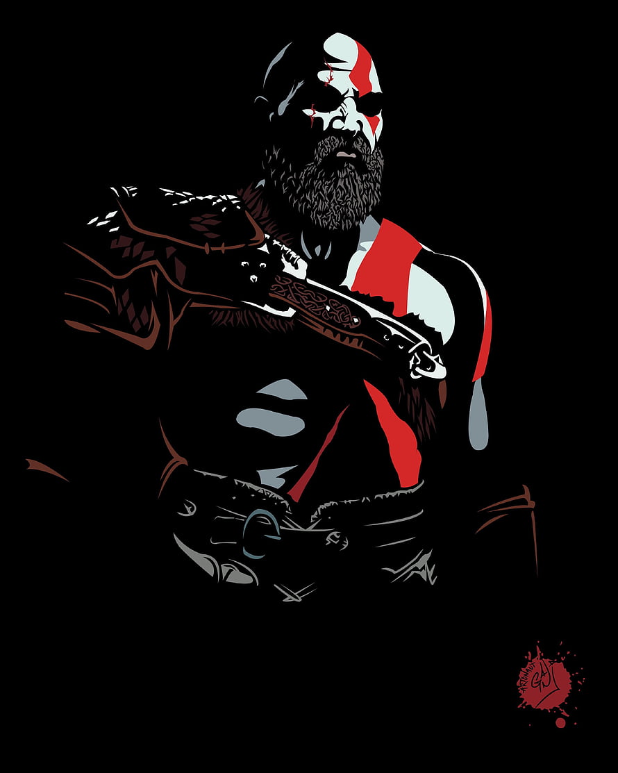 Kratos from God of War in a high-contrast minimalist vector illustration with red and white accents on a black background HD phone wallpaper