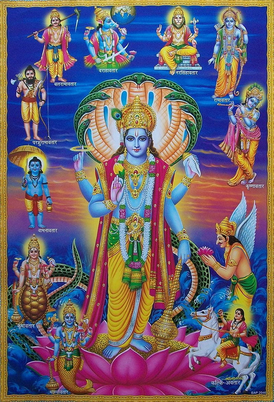Lord Vishnu Dashavatara Hindu Deity Artwork with Ten Avatars HD phone wallpaper