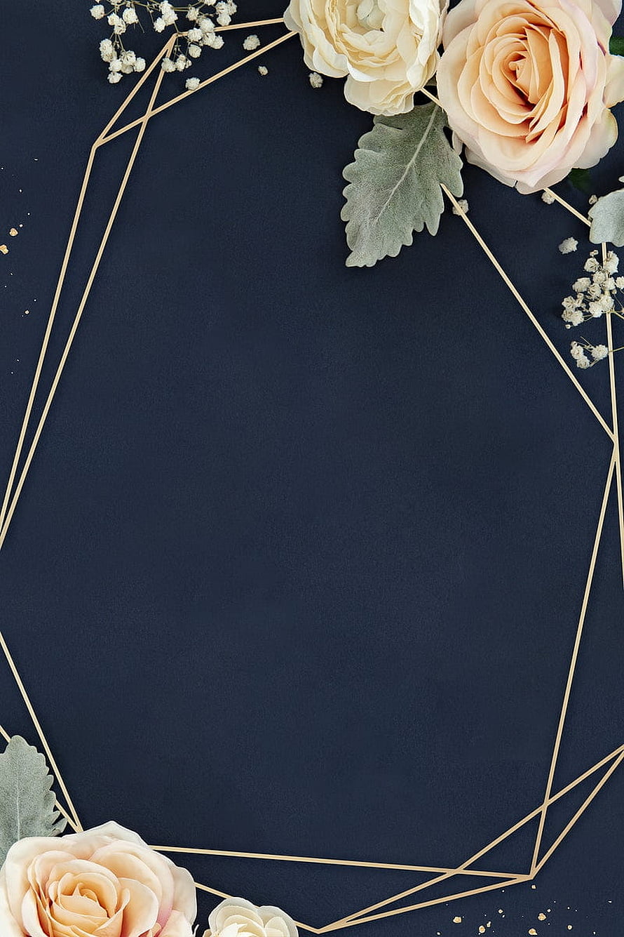 Elegant Navy Blue Background with Gold Geometric Lines and Peach Roses HD phone wallpaper