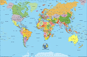 Detailed Political World Map Showing Countries, Oceans, and Continents in Color HD wallpaper