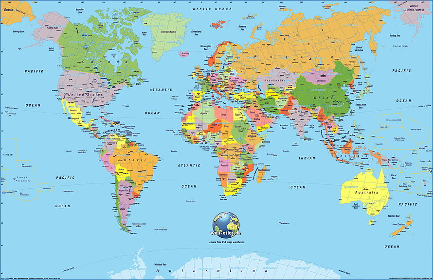 Detailed Political World Map Showing Countries, Oceans, and Continents in Color HD wallpaper