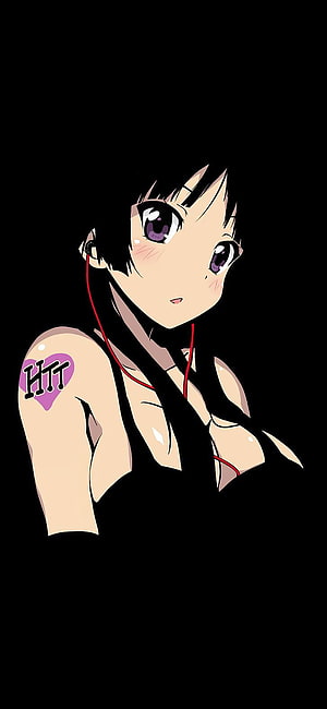 Anime Girl with Black Hair and Purple Eyes Wearing Red Headphones on Dark Background HD phone wallpaper