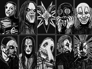 Slipknot Band Members in Iconic Masks Black and White Illustration HD wallpaper