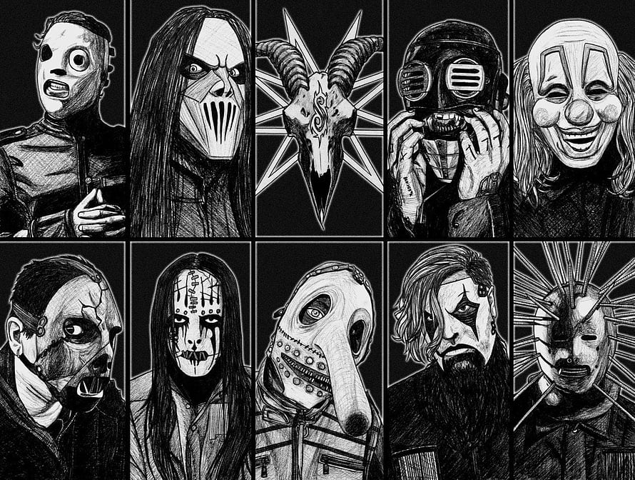 Slipknot Band Members in Iconic Masks Black and White Illustration HD wallpaper