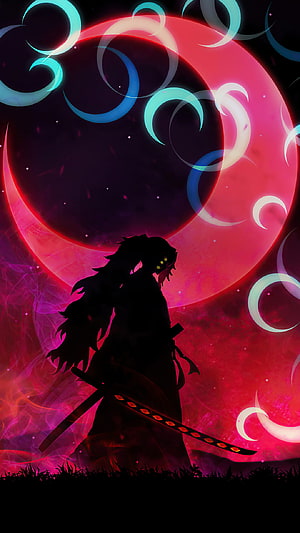 Demon Slayer Muzan Kibutsuji Silhouette Under Crimson Moon with Glowing Eyes and Katana HD phone wallpaper