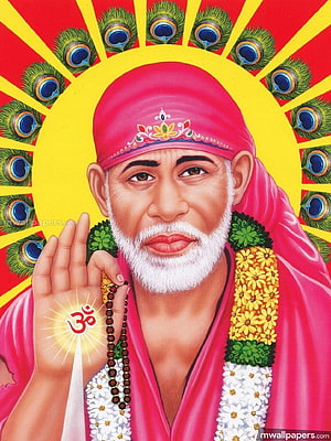 Sai Baba Portrait with Peacock Feathers and Om Symbol HD phone wallpaper
