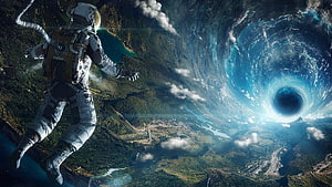 Interstellar astronaut floating above Earth with a massive swirling black hole in the sky HD wallpaper